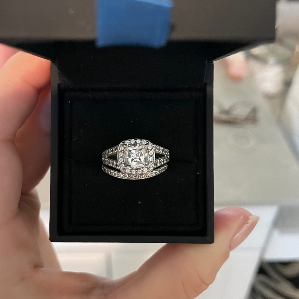 Platinum Plated Cushion Cut Swarovski Ring Set  6